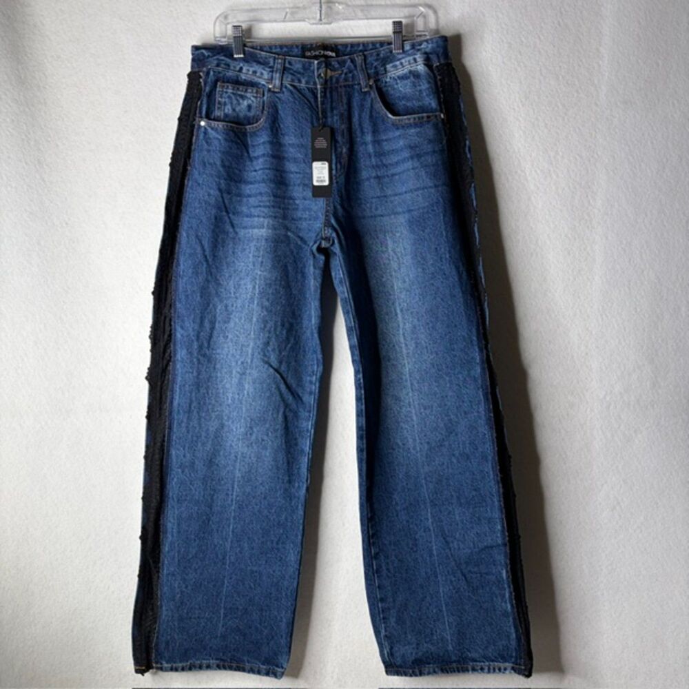 Fashion Nova lace trim straight leg jeans in dark wash, size 13 flawed